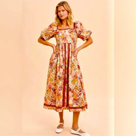 IN LOOM Floral Puff Sleeve Midi Dress | NWT | Cottagecore |Square Neck | S - L - Picture 13 of 16